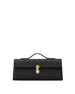 Black handbag with a gold clasp on a white background
