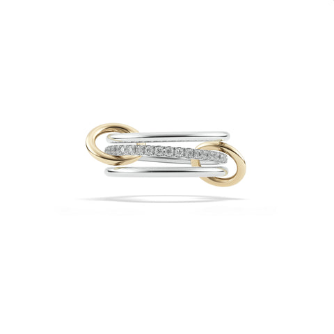 Ghost image of a Spinelli Kilcollin Sonny ring that features three 1.7mm sterling silver bands, one with pave gray diamonds, connected by two 18k yellow gold connectors.