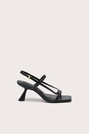 Side profile of a black, strappy slingback heel that feature an open, square toe.