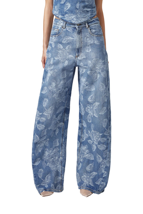 Blue floral-patterned jeans on a white background