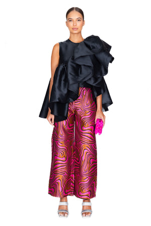 Silk Taffeta Asymmetric Sleeveless Frilled Top