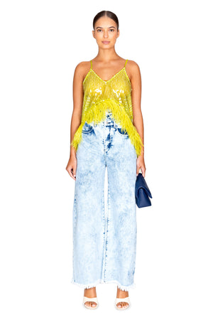 Printed Sequin Slip Top With Feather Hem