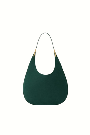 A deep green calf suede top handle bag that features a curved base and hold hardware top handle.