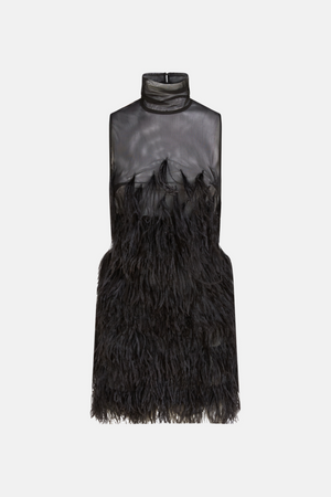 A black, sleeveless, high neck mini dress that features a semi sheer lining with ostrich feather applique covering from the bust to the hem.