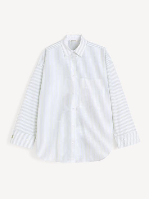 White shirt with thin green stripes on a white background