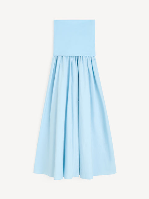 Flat lay of light blue strapless dress.