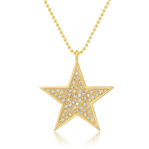 Gold star-shaped pendant with diamonds on a white background