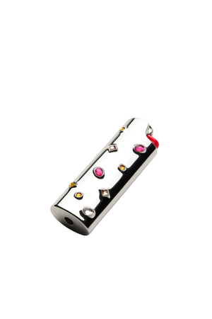 silver lighter case with small pink, orange, and clear gemstones