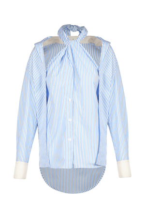 A light blue and white vertically striped button-up shirt with a unique high-low hem, sheer mesh shoulder panels, and contrasting solid white cuffs.