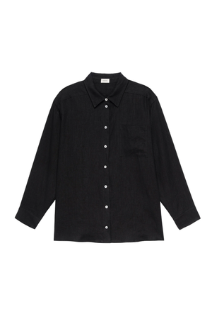 A black long-sleeve linen button-up shirt with a classic collar and a single chest pocket, displayed flat against a solid white background.