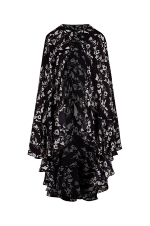 A black and white floral print long-sleeve cape top with a high-low ruffled hem, displayed on a clean white background.