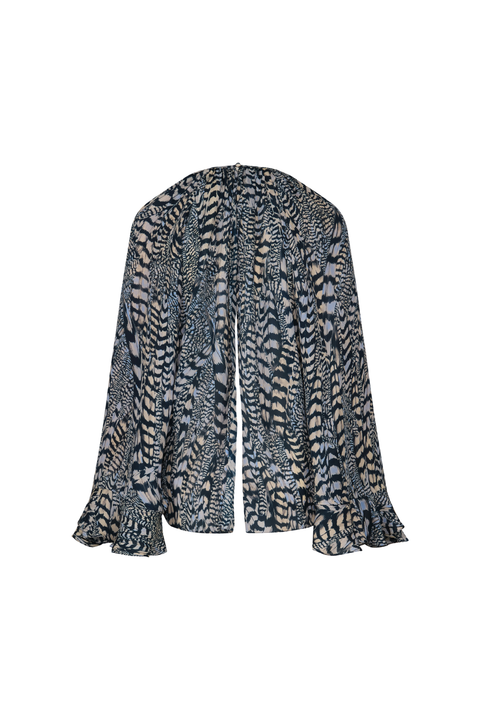 A long-sleeve open-front blouse with a navy and beige animal print pattern and ruffled cuffs, shown against a plain white background.