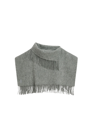 A light gray knit scarf with fringe detailing, displayed flat against a solid white background.