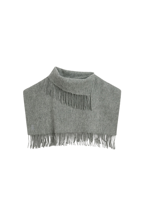 A light gray knit scarf with fringe detailing, displayed flat against a solid white background.