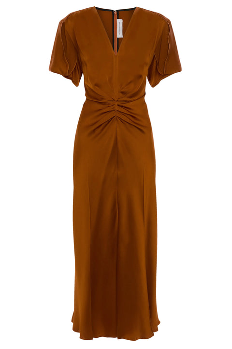 Burnt orange maxi dress with a V-neckline on a white background
