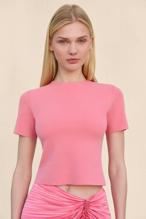 Close up of a woman wearing a pink knit short sleeve t-shirt, paired with a pink pleated skirt.