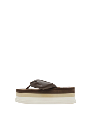 Platform flip-flop sandal with brown, tan, and white color-block