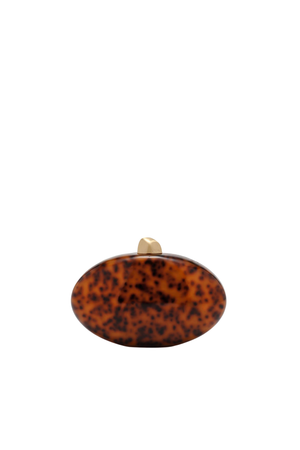 Oval tortoiseshell clutch bag with gold closure front angle