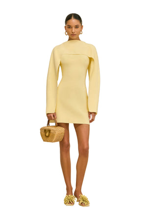 Woman wearing a yellow dress holding a woven handbag against a beige background