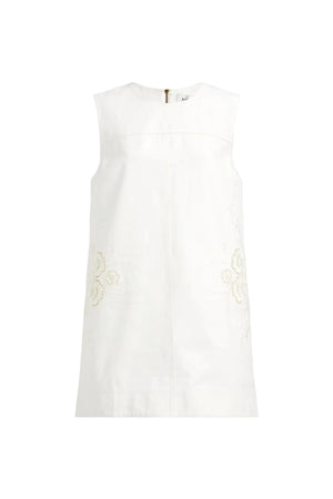 White sleeveless mini dress with lace details on a white background