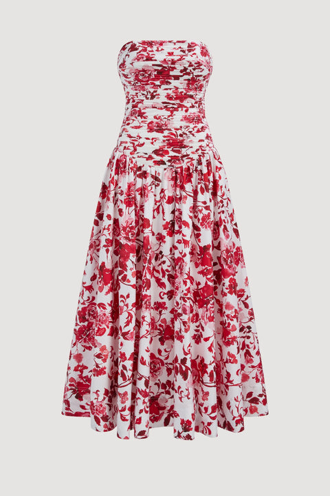 Red and white floral strapless maxi dress on a light gray background
