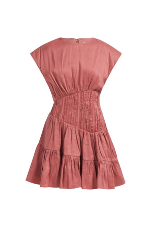 Red mini dress with tiered skirt on a light gray background