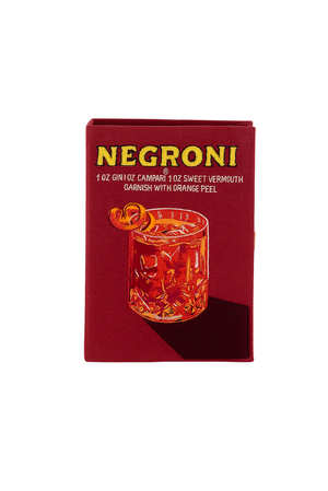 Red book cover with Negroni cocktail recipe on a white background