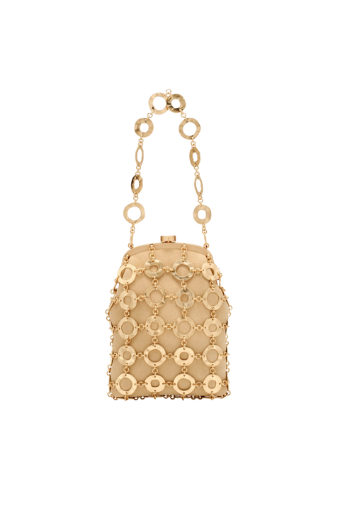 A gold-tone mesh and chain handbag with a structured bucket shape, featuring a decorative chain strap and a front pattern of interlocking circular links, shown against a plain white background.
