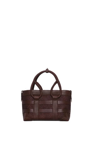 A small woven chocolate bag, with rope-material handles and a clasp inside