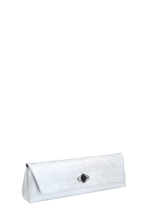 A silver metallic clutch bag with a textured finish and a black oval-shaped metal clasp, shown on a plain white background.