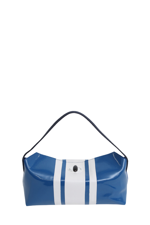 A glossy blue shoulder bag with a central white stripe and a small silver-tone oval logo on the front, shown against a plain white background.