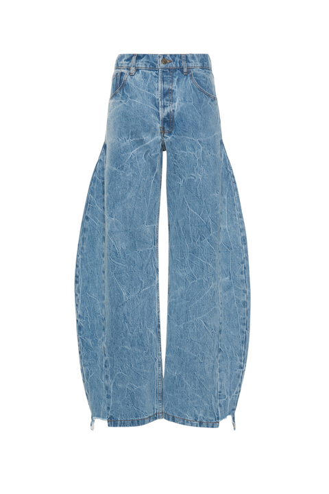 Flat lay of front of denim balloon pants