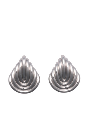 Pair of silver ribbed reverse teardrop earrings on a light gray background