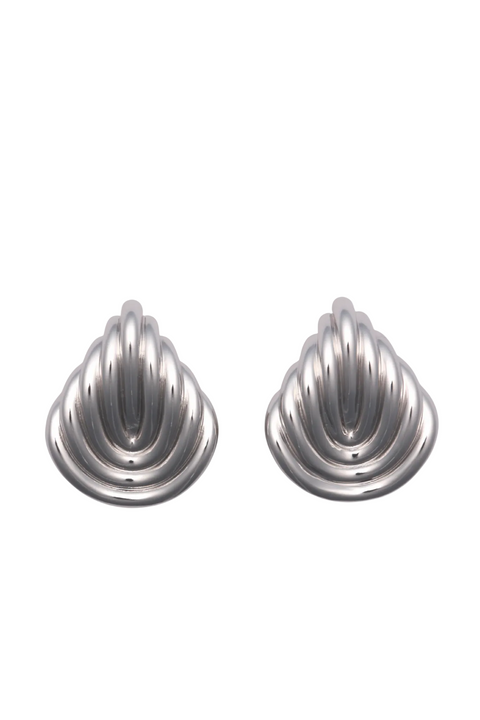 Pair of silver ribbed reverse teardrop earrings on a light gray background