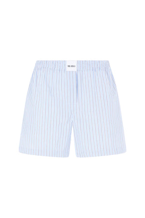 Light blue striped shorts on a white background