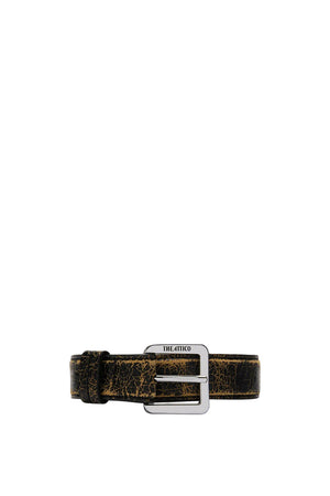 Brown leather belt with silver buckle on a white background