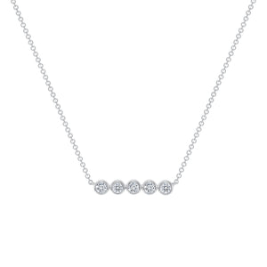 Ghost image of a 14k white gold necklace that features a small bar of 5 round bezel set diamonds on a petite rolo chain.