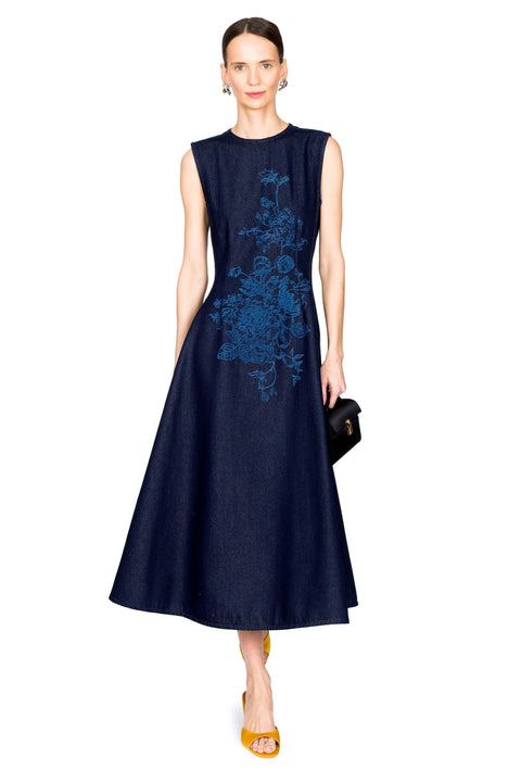 Flower Motif Denim Sleeveless Midi Dress