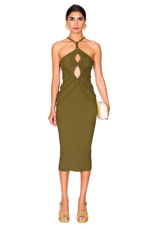 Woman wearing a green knit midi dress that features a crochet halter neck and two keyhole cutouts at the bust, with crochet rib detailing throughout.