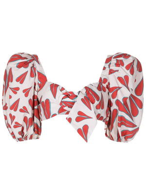 Ghost image of the heart cropped blouse in red with blue outline.