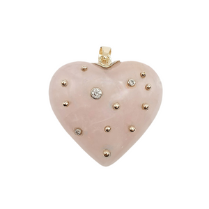 Rose Quartz Studded Heart With Gold Balls And VS+ Manmade Diamonds 14K