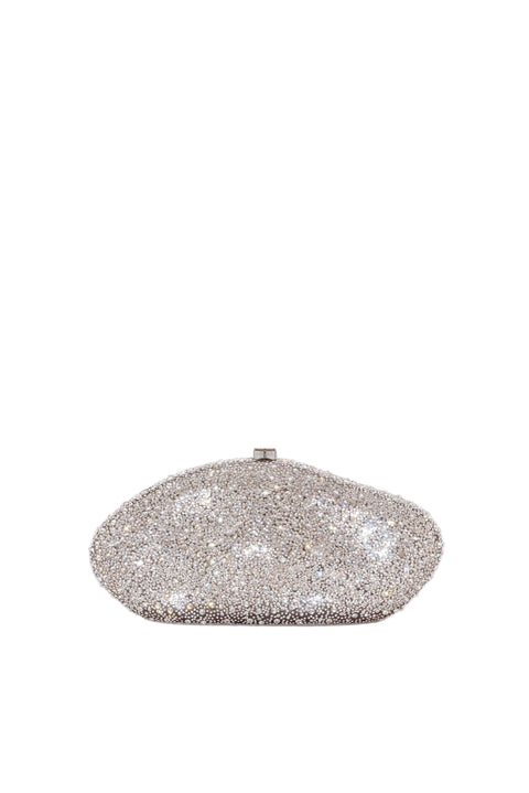 Silver glittery clutch bag on a light gray background