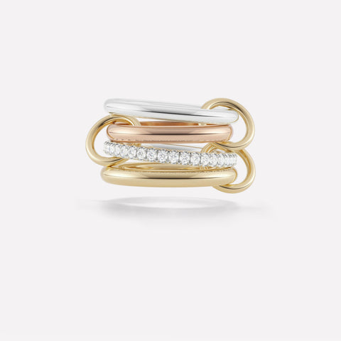 Ghost image of a Spinelli Kilcolling Cancer ring that features two 2.3mm sterling silver bands, one pave with white diamonds, one 2.7mm 18k rose gold half band, and one 2.8mm 18k yellow gold band, all connected by three 18k yellow gold connectors.
