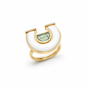 Prasolite, White Mother Of Pearl And Diamond Horseshoe Ring