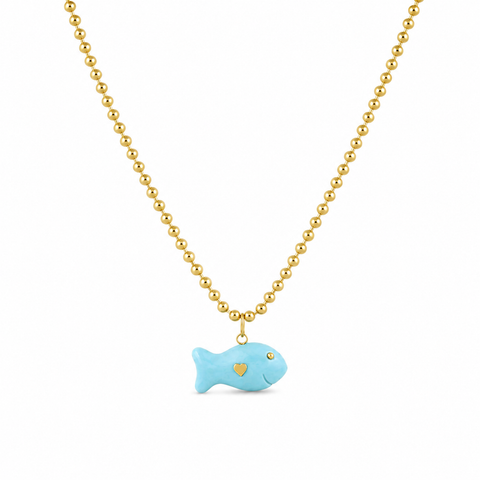 Carved Turquoise Fish Gold Pendant