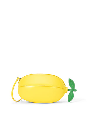 Yellow lemon-shaped bag with a green leaf on a white background