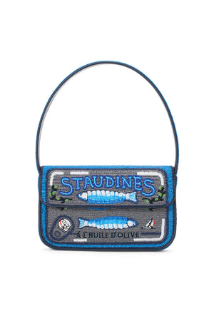 Handbag with 'Staudines' branding and fish design on a white background