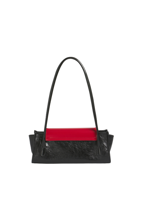 Back view of a black leather shoulder bag with a textured finish and a vibrant red horizontal panel across the front, set against a plain white background.