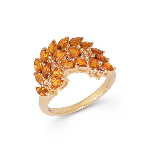 Yellow gold ring adorned with half swoop design with marquise cut citrines.