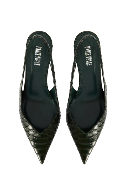 A pair of dark green python-embossed slingback pumps with pointed toes, shown from a top-down view on a white background. The brand name 'PARIS TEXAS' is printed on the insoles.